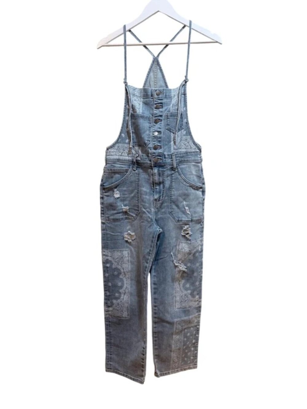 Easel Los Angeles Bandana Print Paisley Boho Denim Overalls Jumpsuit Small